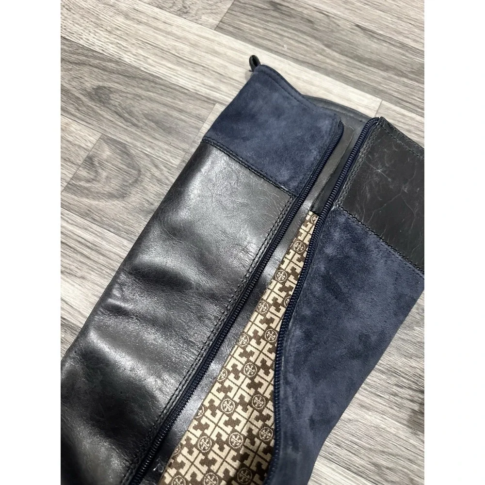 Tory‎ Burch Lizzie Leather-Suede Riding Boots Navy Black 7.5
